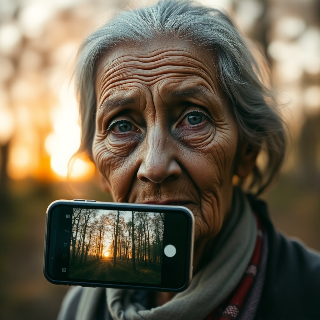 AI generated art for prompt: A smartphone captures a captivating portrait of an elderly woman with weathered skin and eyes full o