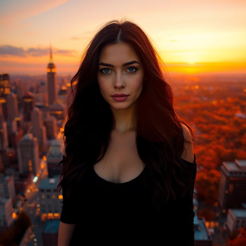 AI generated art for prompt: A young woman, exuding confidence, stands atop a bustling city rooftop at sunset. Her piercing blue 