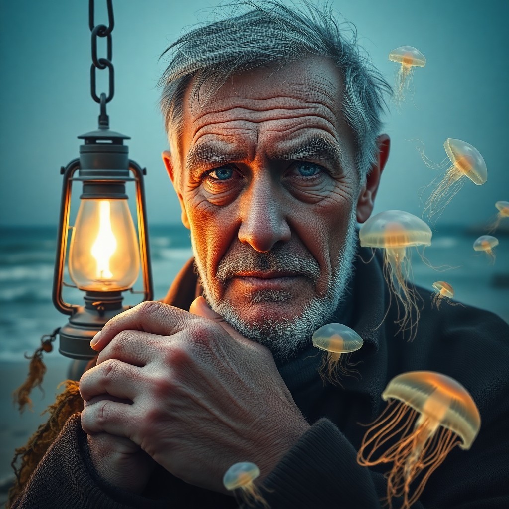 AI generated art for prompt: Craft a captivating double exposure portrait of a weathered middle-aged fisherman with sun-etched sk