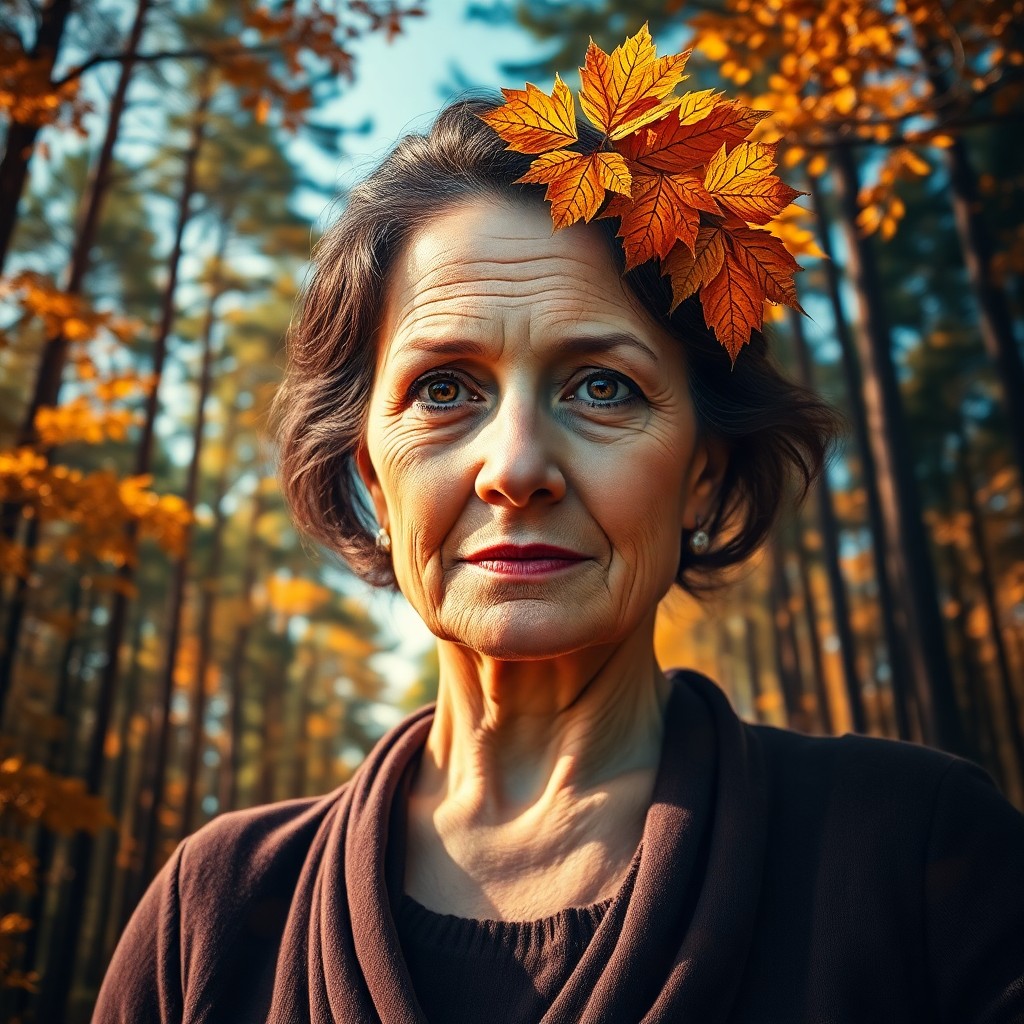 AI generated art for prompt: A striking portrait depicts a wise middle-aged woman with deep brown eyes and rugged wrinkles illumi