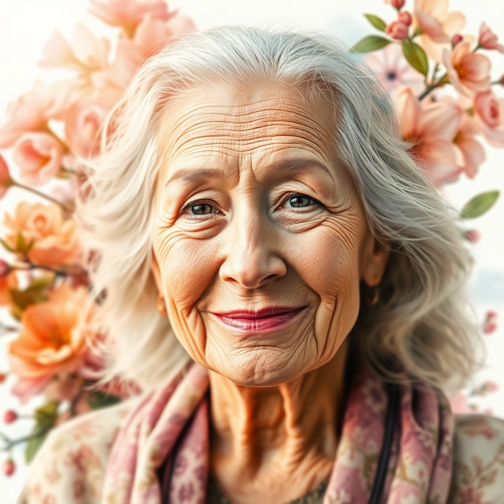 AI generated art for prompt: Envision a photorealistic portrait of an elderly woman with wise, serene eyes and a gentle smile set