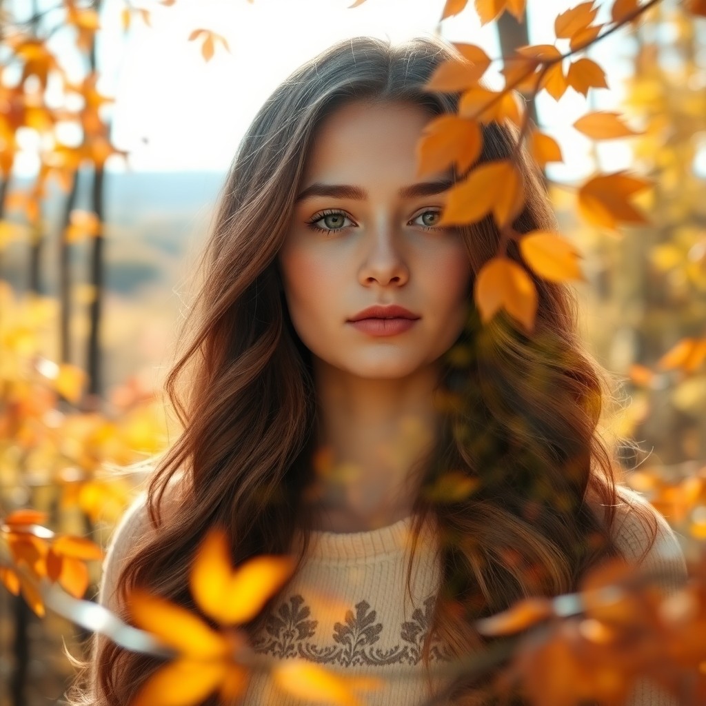 AI generated art for prompt: A captivating double exposure portrait showcases a young woman with long, wavy chestnut hair, her se