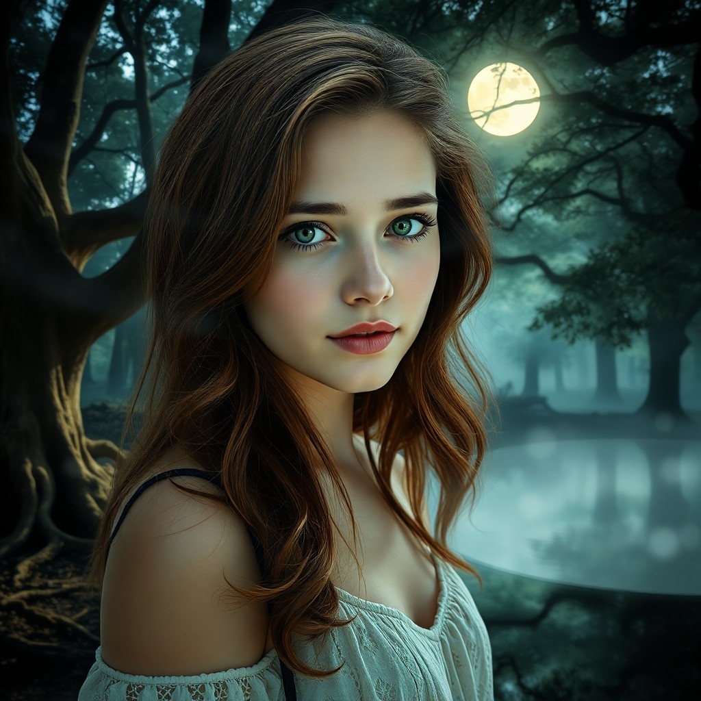 AI generated art for prompt: A captivating double exposure portrait seamlessly blends a serene young woman with cascading chestnu