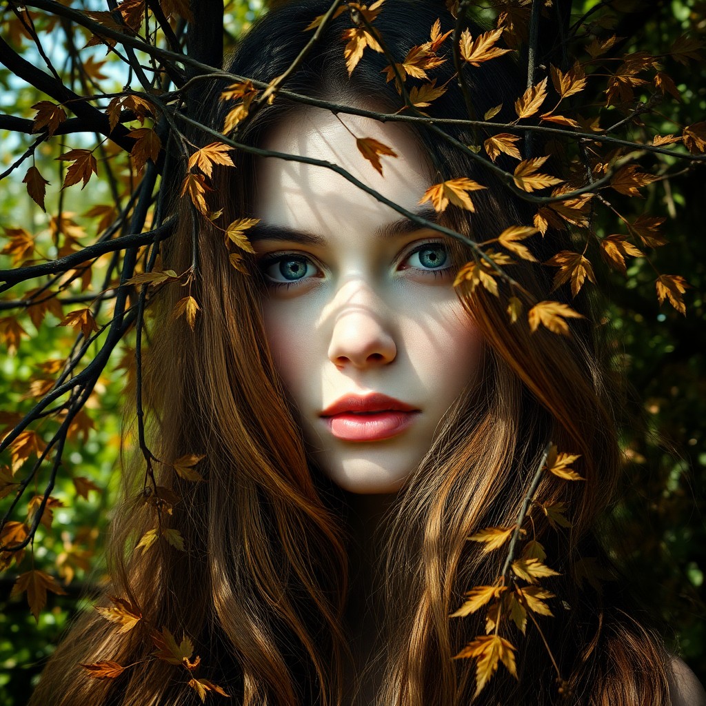 AI generated art for prompt: A photorealistic portrait photograph captures a woman with long, cascading hair akin to autumn leave