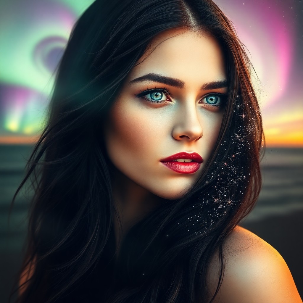 AI generated art for prompt: An enigmatic woman with piercing blue eyes and raven hair flowing down her shoulders gracefully merg