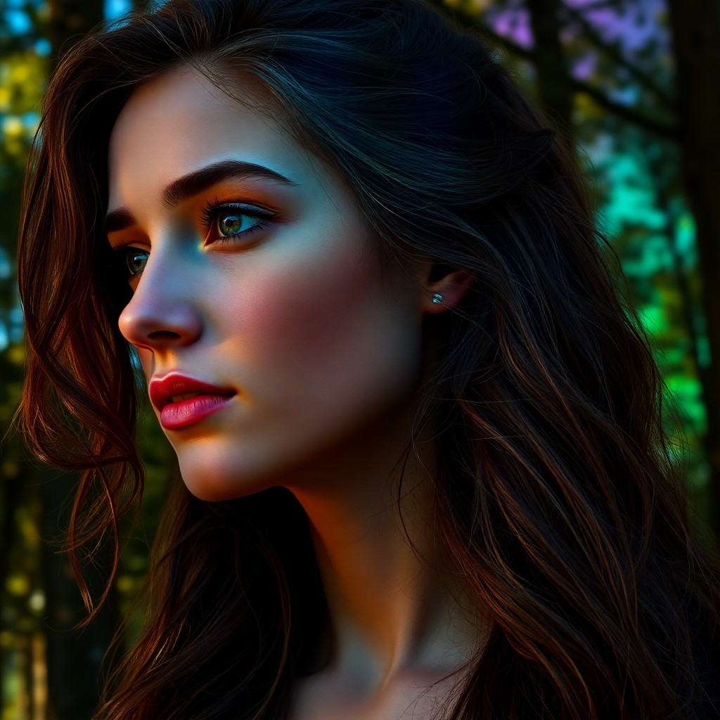 AI generated art for prompt: A young woman with an olive complexion and long chestnut hair, wavy locks cascading over her shoulde