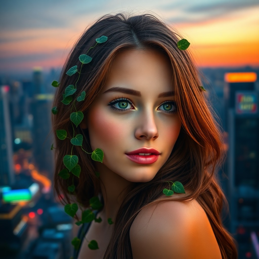 AI generated art for prompt: A captivating digital portrait showcases a woman with piercing green eyes and cascading chestnut hai