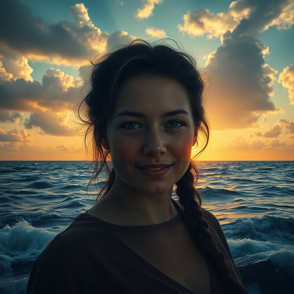 AI generated art for prompt: Craft a photorealistic portrait of a weathered girl, her enigmatic smile and rugged features marked 