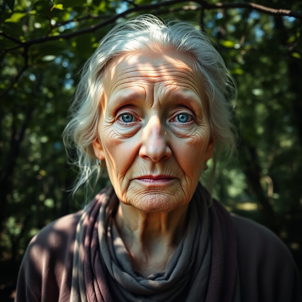 AI generated art for prompt: Envision an elderly woman, her introspective gaze captured in a photorealistic iPhone portrait. With