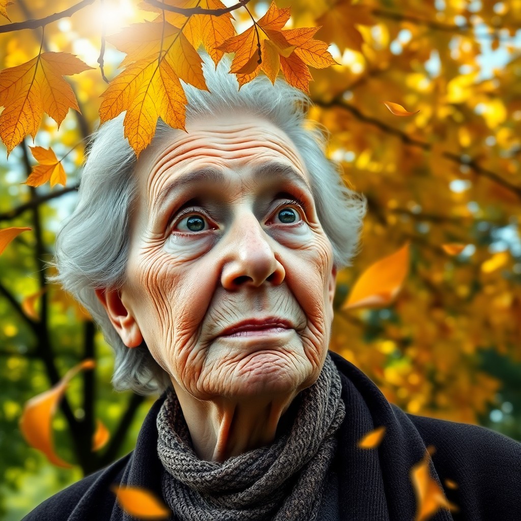 AI generated art for prompt: Craft a photorealistic portrait of an elderly woman captured by a smartphone camera, emphasizing her