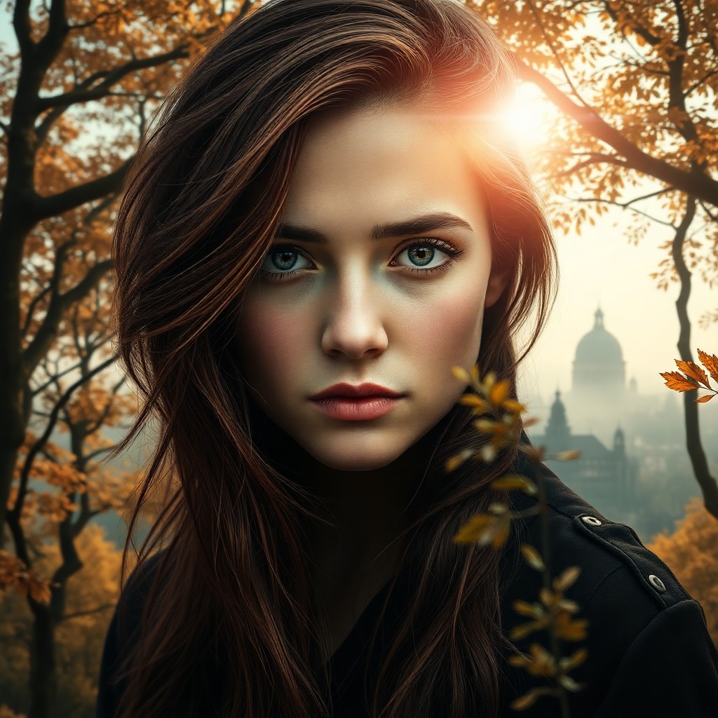 AI generated art for prompt: Craft a photorealistic portrait of an enigmatic young woman with cascading burgundy and gold locks a