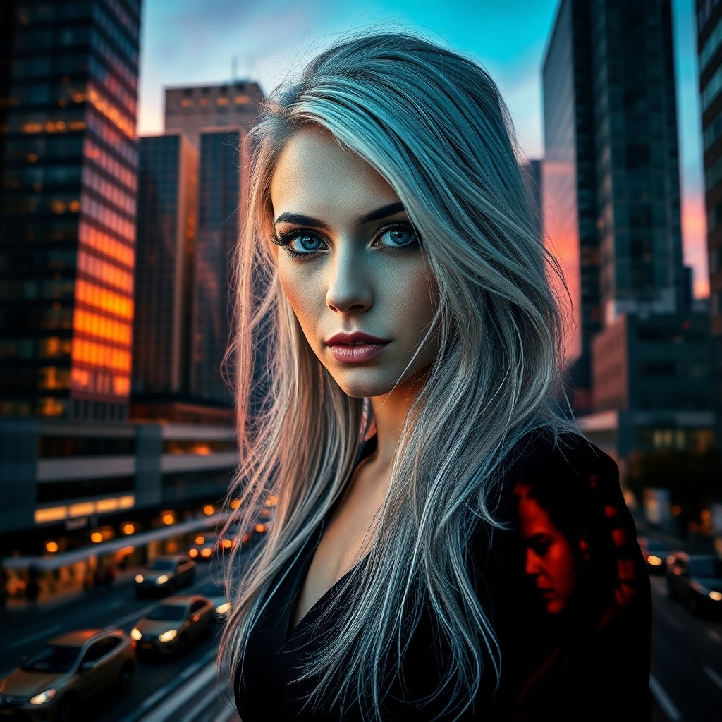 AI generated art for prompt: A striking double exposure portrait showcases an enigmatic woman with piercing blue eyes and cascadi