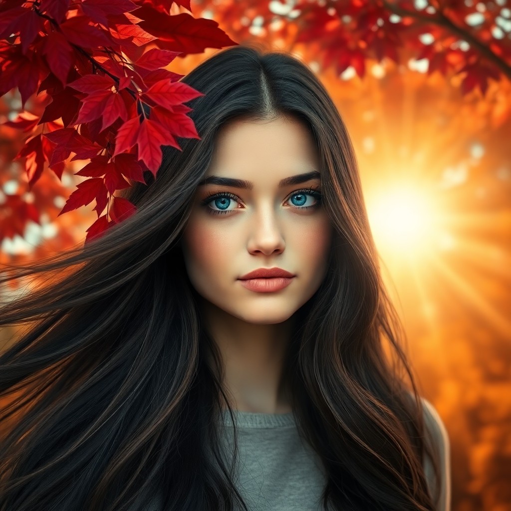 AI generated art for prompt: A photorealistic digital portrait depicts a young woman with mesmerizing blue eyes and flowing raven