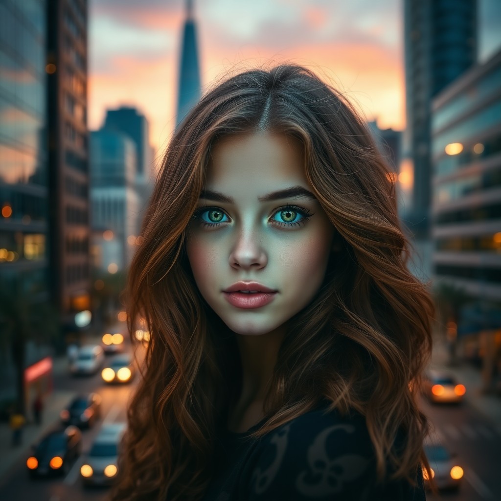 AI generated art for prompt: A captivating double exposure portrait showcases a young woman with mesmerizing emerald eyes and wav