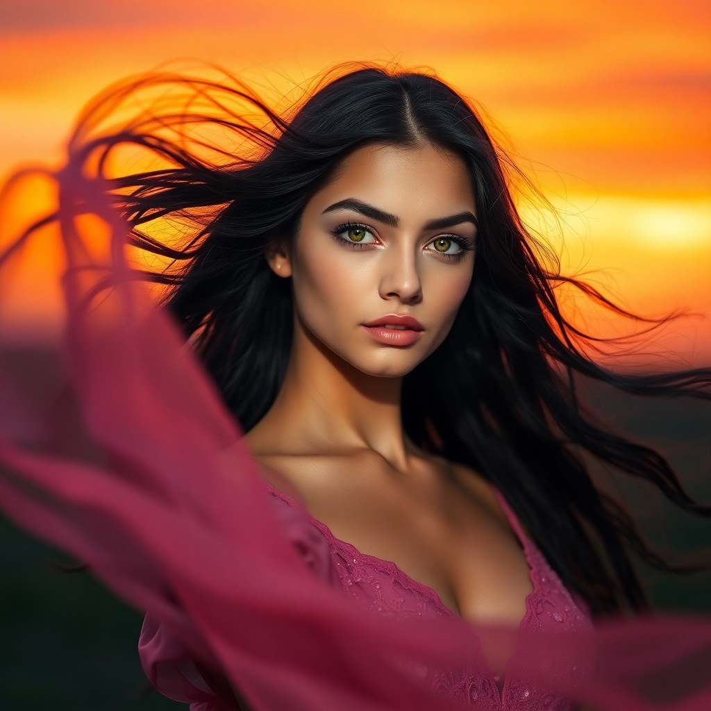 AI generated art for prompt: A captivating portrait showcases a striking young woman with piercing green eyes and raven-black hai