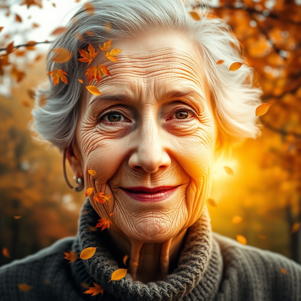 AI generated art for prompt: Craft a photorealistic double exposure portrait featuring an elderly woman with profound insight ref