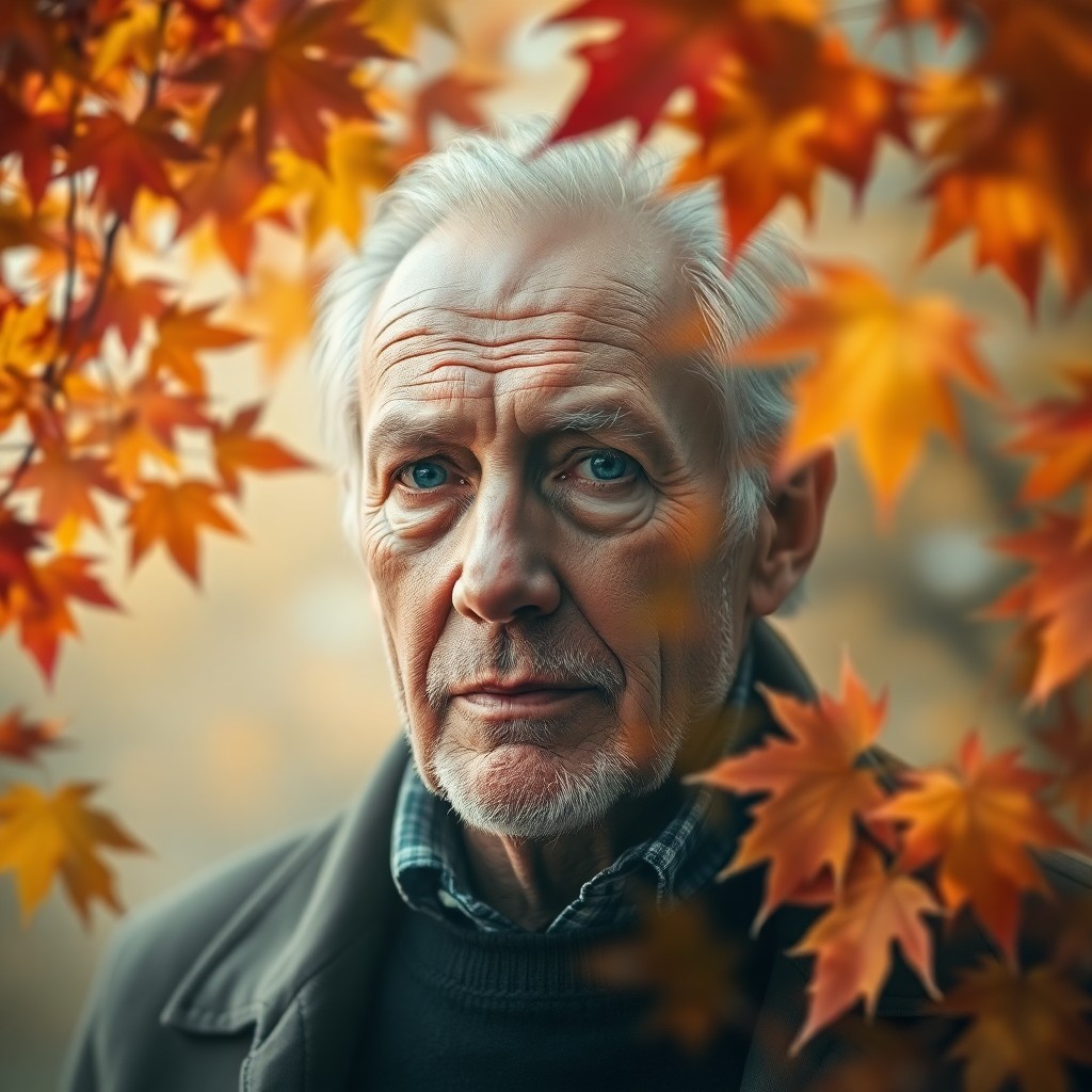 AI generated art for prompt: Craft an evocative double exposure portrait showcasing a perceptive elderly man whose features bear 