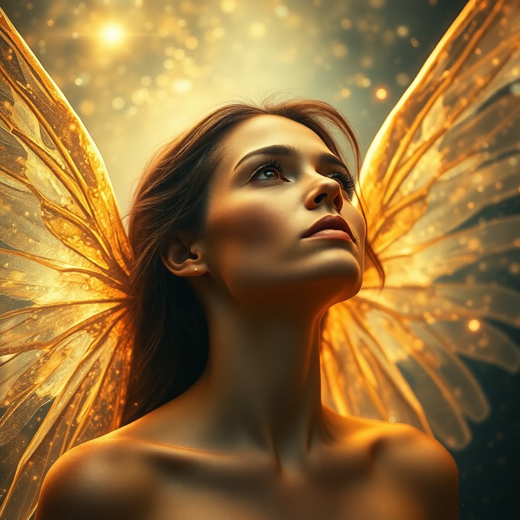 AI generated art for prompt: A captivating portrait showcases a woman with translucent wings seamlessly integrating into an abstr