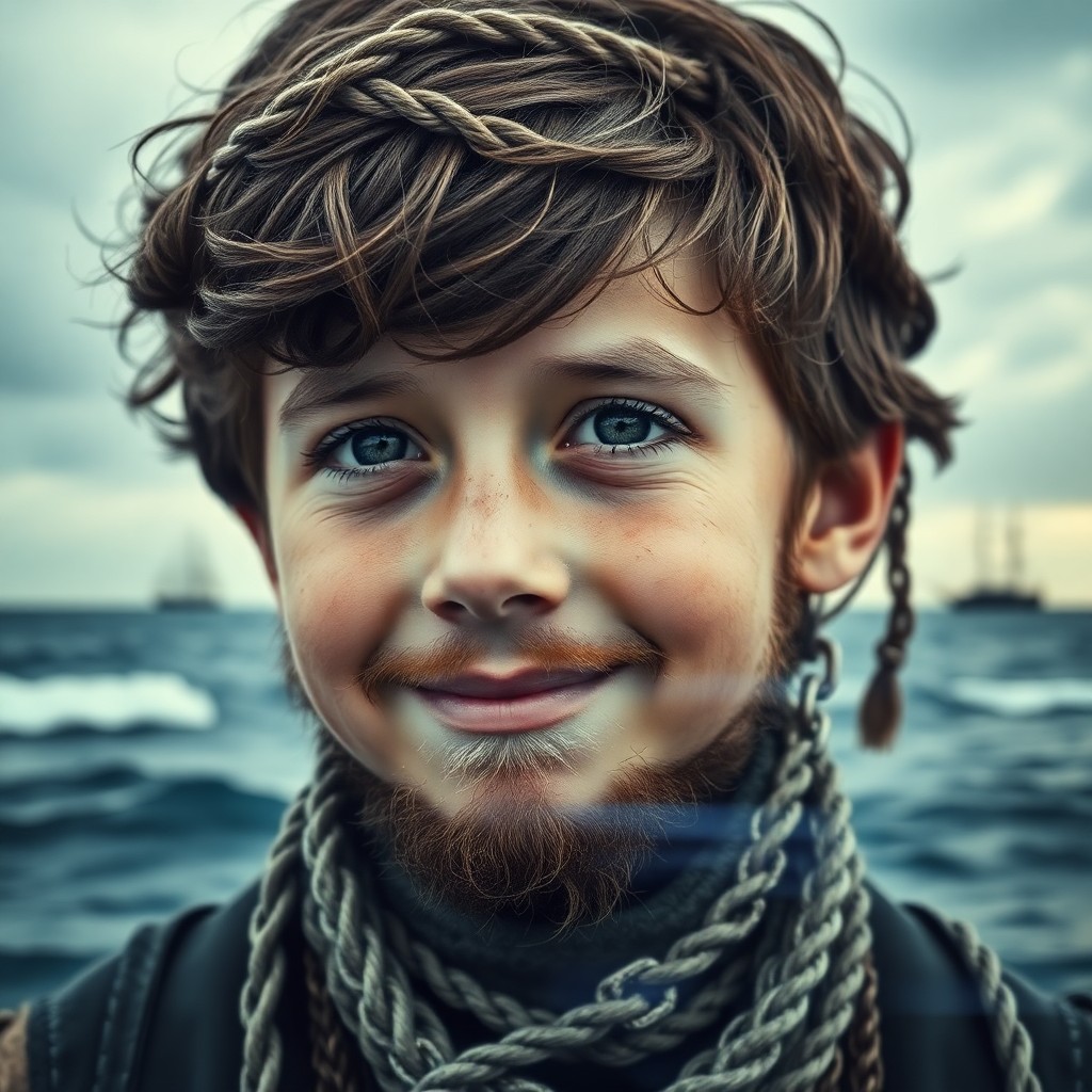 AI generated art for prompt: A portrait photograph captures a weathered young boy with a gentle smile, lost in an introspective g