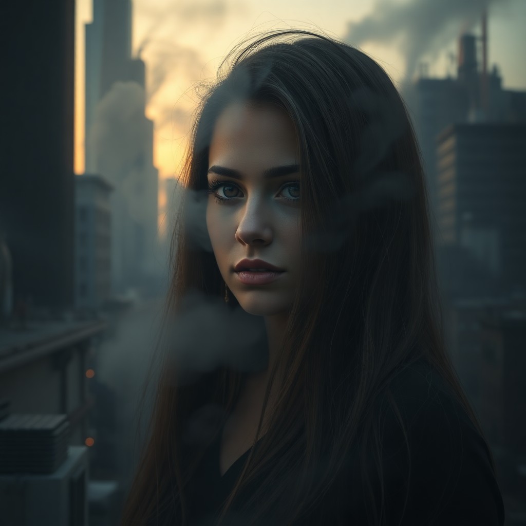 AI generated art for prompt: A haunting photorealistic portrait depicts a young woman enveloped in an industrial cityscape at dus