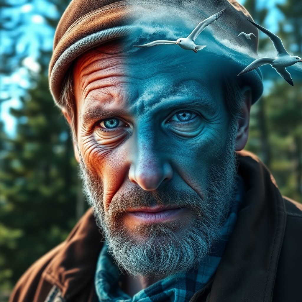 AI generated art for prompt: Craft a double exposure portrait featuring a weathered fisherman, his sun-creased skin and piercing 