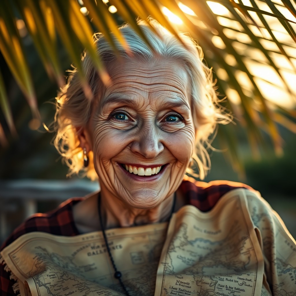 AI generated art for prompt: Imagine a portrait photograph of an elderly yet joyful woman with weathered skin and deep blue eyes,