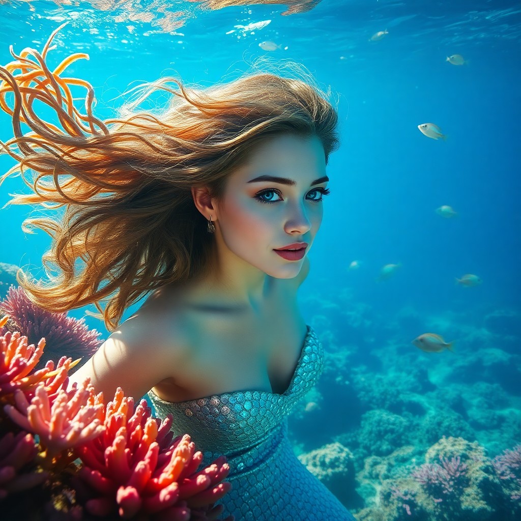 AI generated art for prompt: A captivating portrait captures an enchanting mermaid gracefully rising from a vibrant coral reef. H