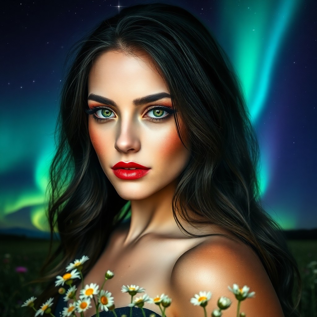 AI generated art for prompt: A captivating portrait showcases a woman with piercing green eyes and cascading raven hair, her skin