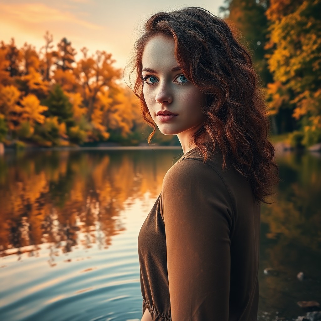 AI generated art for prompt: A young woman with cascading chestnut curls and piercing green eyes stands pensively at a tranquil l