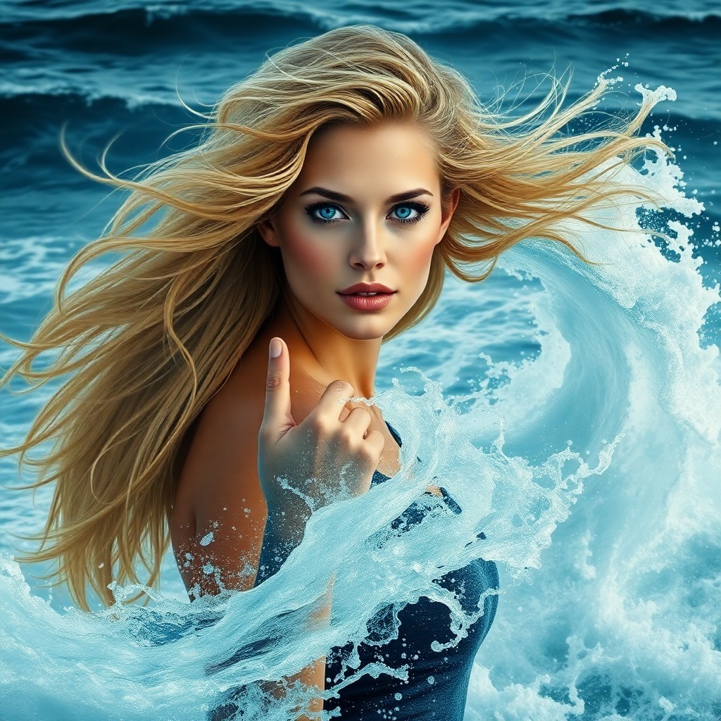 AI generated art for prompt: A woman of striking beauty with piercing blue eyes and golden hair flowing in the wind stands at the