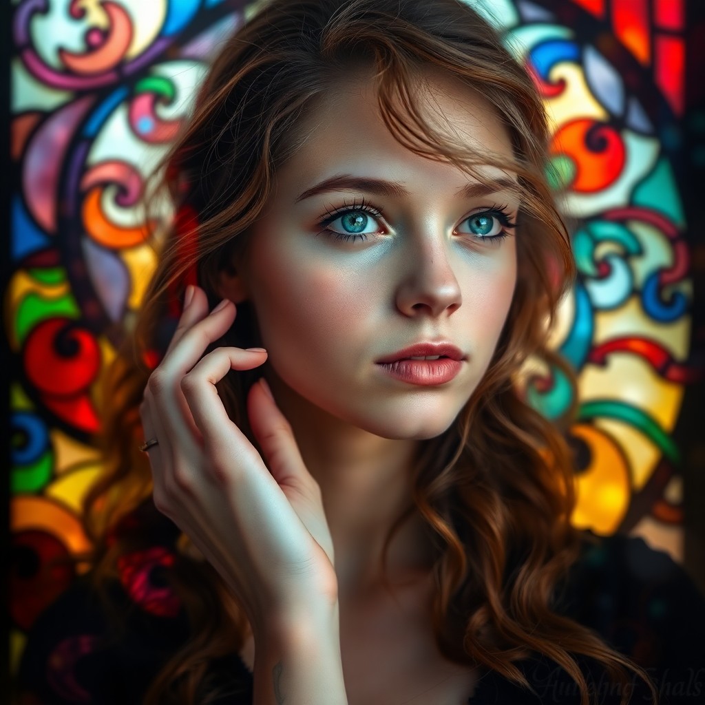 AI generated art for prompt: A photorealistic portrait showcases a young woman with striking blue eyes and wavy chestnut hair, se