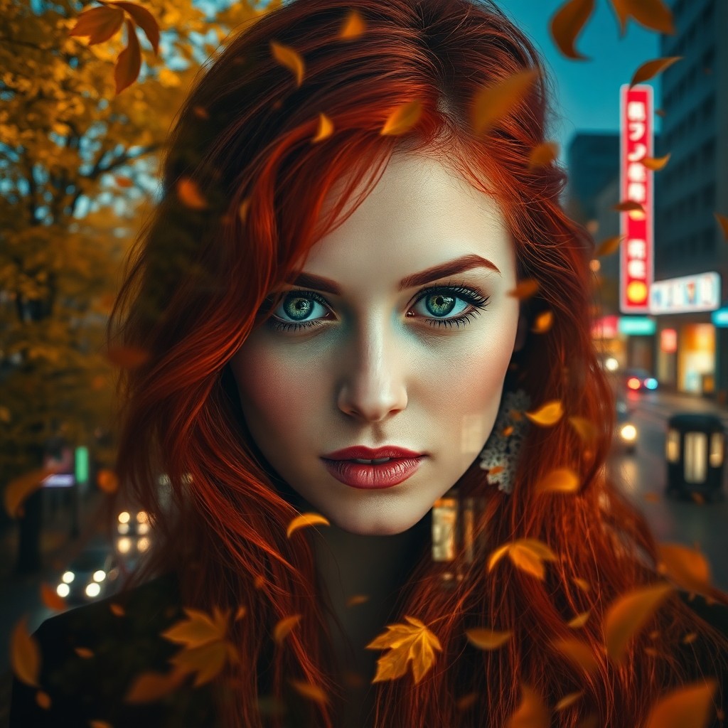 AI generated art for prompt: Craft an enthralling double-exposure portrait showcasing a woman with captivating green eyes and fie