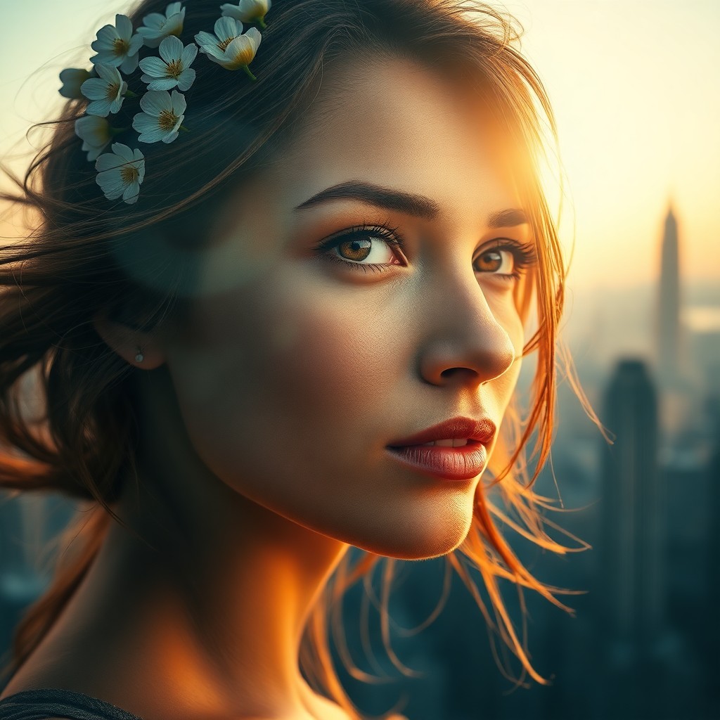 AI generated art for prompt: A photorealistic portrait photograph reveals an enigmatic woman with sun-kissed skin and windswept h