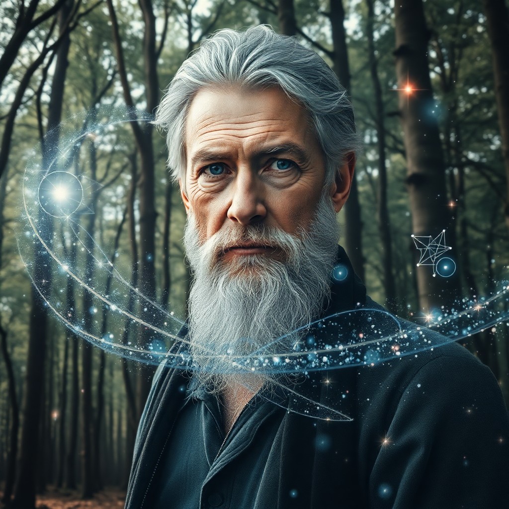 AI generated art for prompt: A captivating double exposure portrait reveals a wise, weathered man with graying hair and piercing 