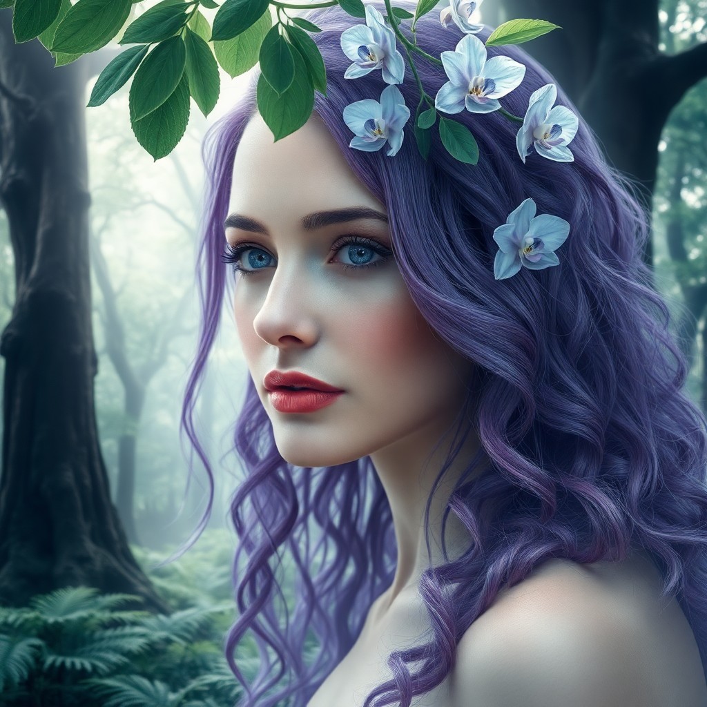 AI generated art for prompt: A photorealistic portrait of a woman with cascading violet hair, resembling tendrils of an orchid, f