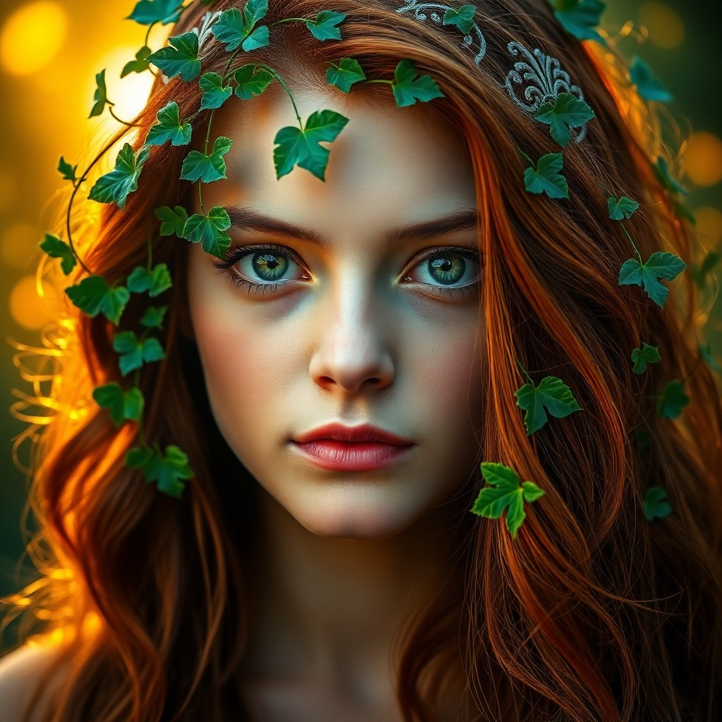 AI generated art for prompt: A young woman with cascading auburn locks and piercing green eyes gazes thoughtfully into the distan