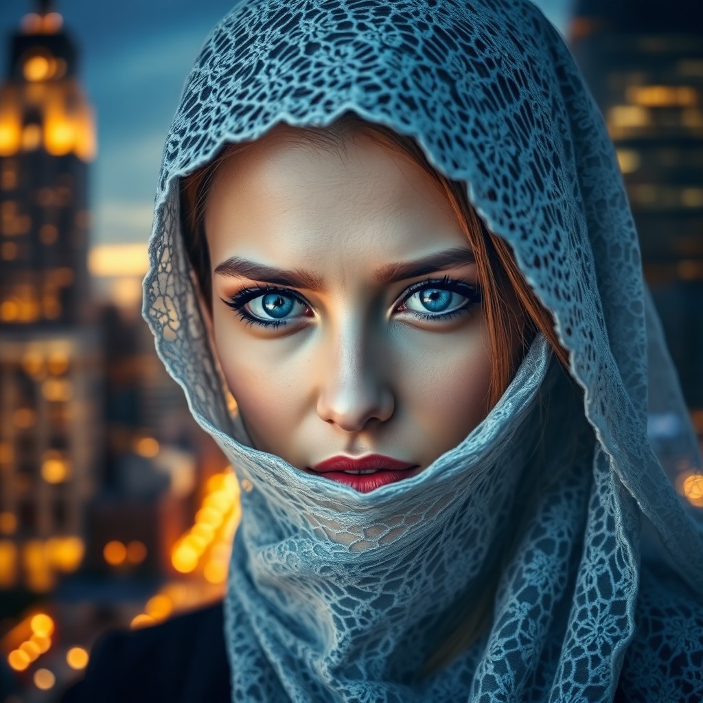 AI generated art for prompt: A captivating portrait photograph features a mysterious woman with piercing blue eyes, her face part