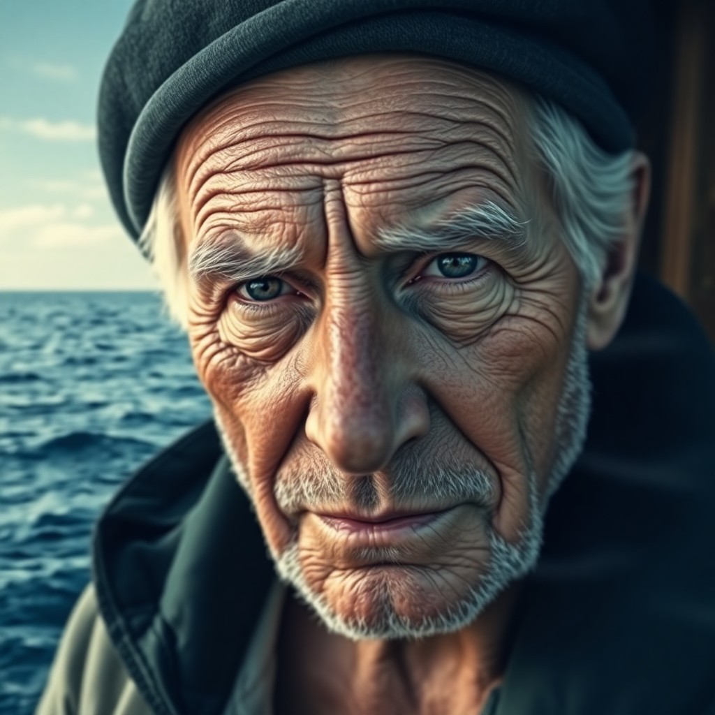 AI generated art for prompt: Create a photorealistic portrait of an aged sailor whose weathered face bears deep creases, conveyin