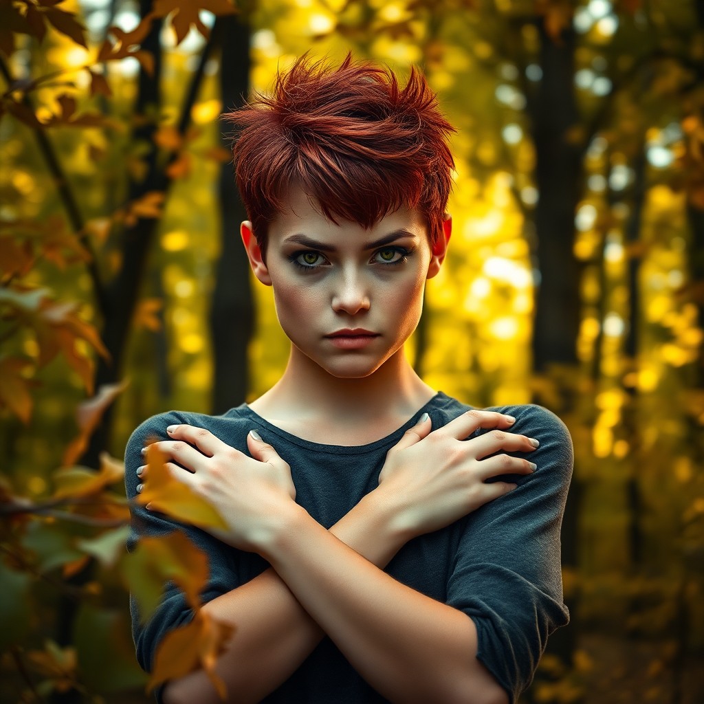 AI generated art for prompt: A striking portrait of a defiant young woman with short, spiky red hair and piercing green eyes exud