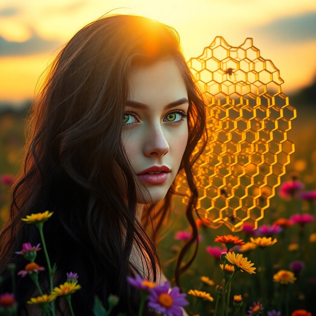 AI generated art for prompt: A photorealistic portrait depicts a young woman with cascading raven locks and captivating emerald e