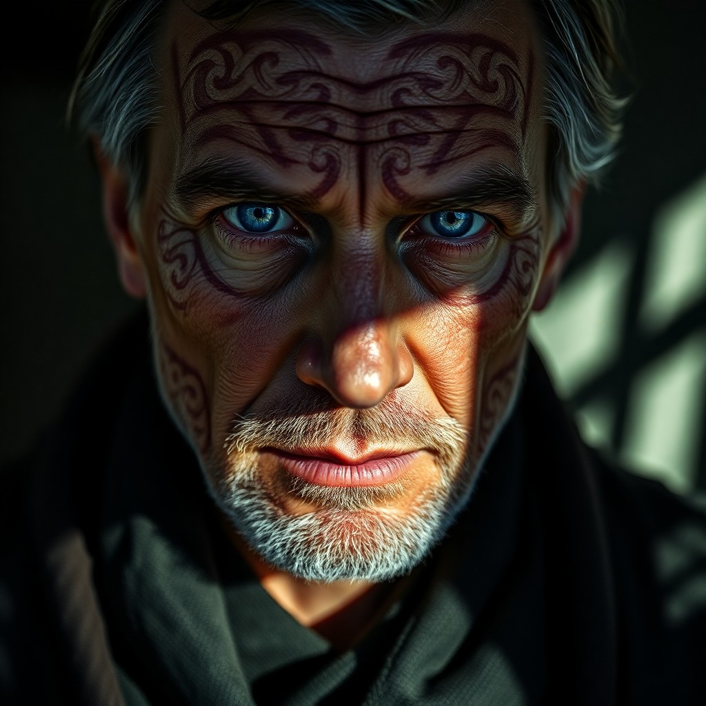 AI generated art for prompt: A middle-aged man with a weathered visage and piercing blue eyes exudes an air of serenity and wisdo