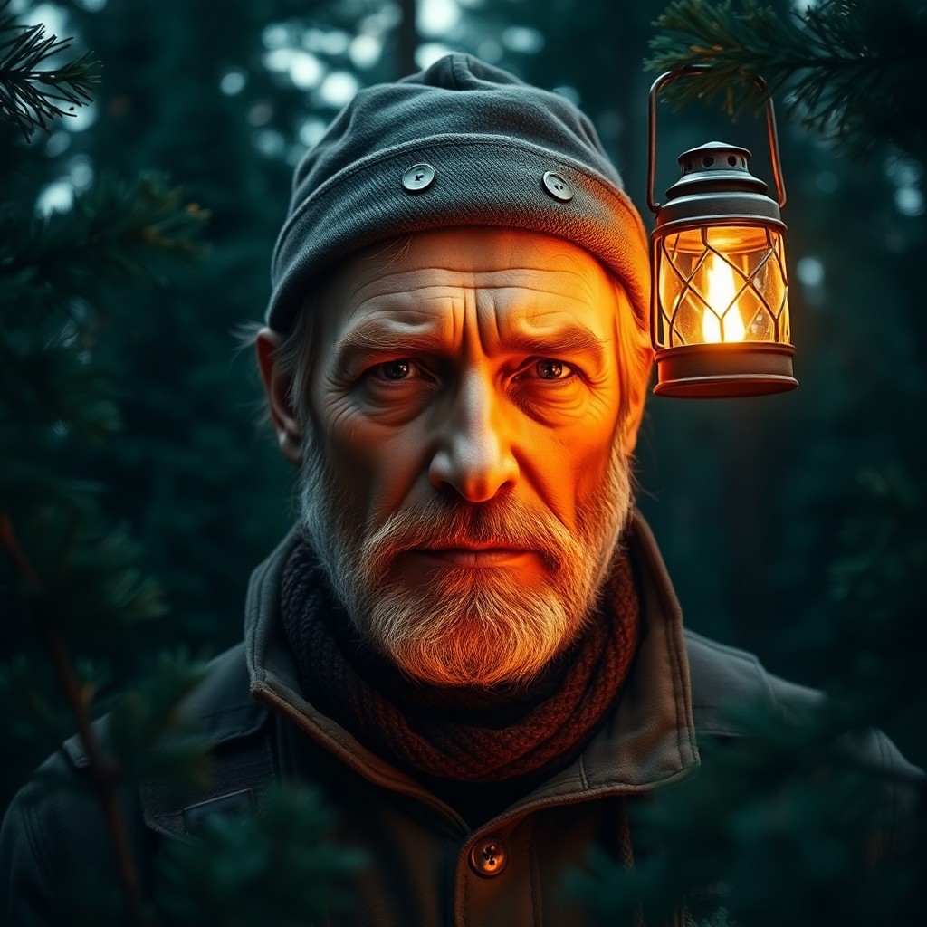 AI generated art for prompt: Enigmatic forest ranger with weathered features stands amidst a dense pine forest. Their rugged face