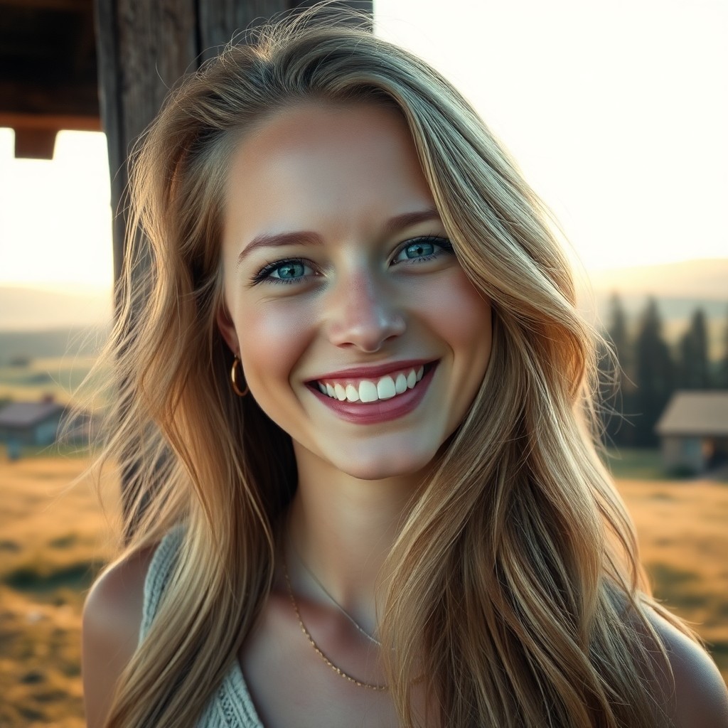 AI generated art for prompt: Imagine an ethereal portrait of a young woman with piercing blue eyes and flowing golden locks, capt