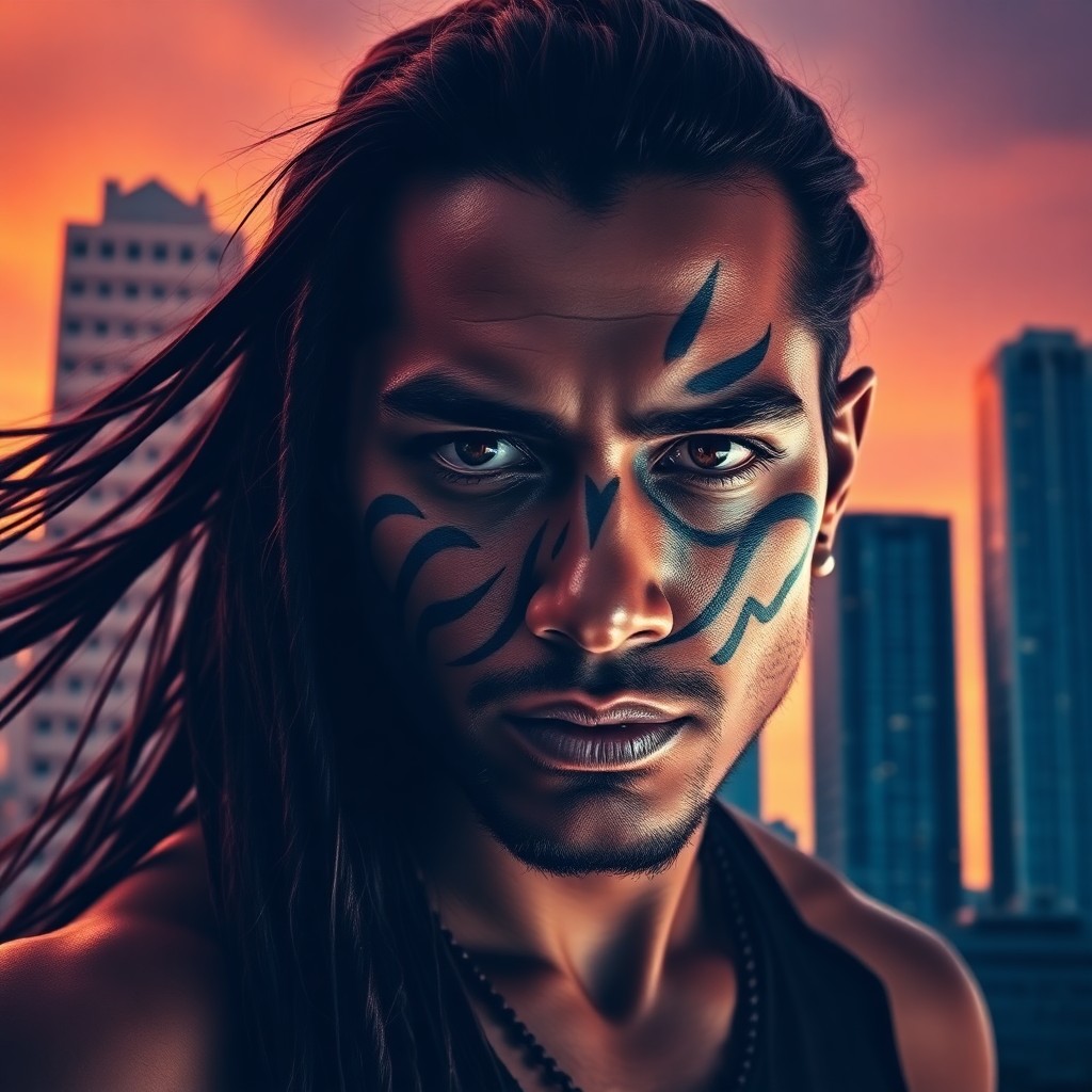 AI generated art for prompt: A captivating double exposure portrait showcases a fierce warrior with piercing eyes and flowing loc