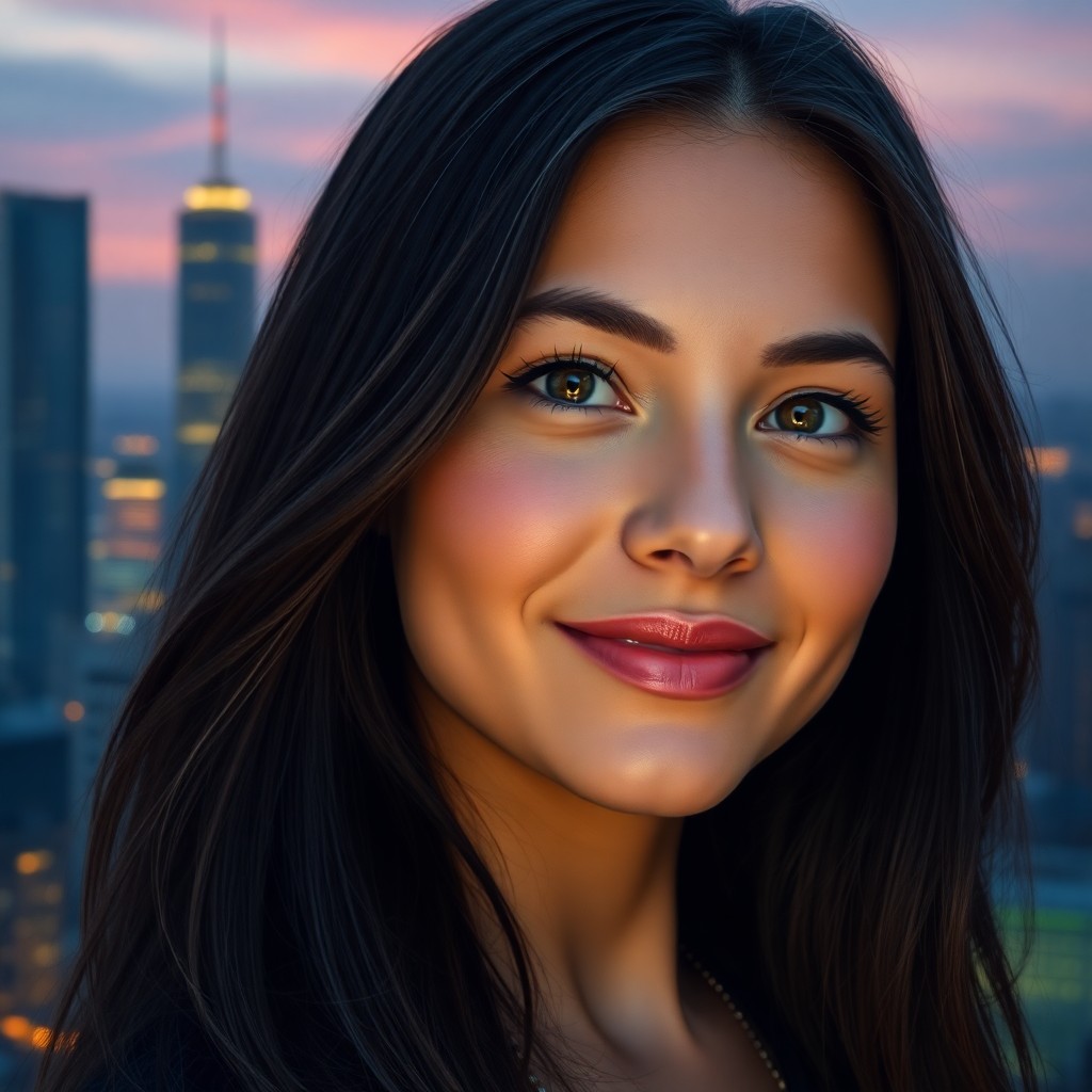 AI generated art for prompt: A photorealistic portrait of a young woman with long, dark hair and hazel eyes gazes towards an over