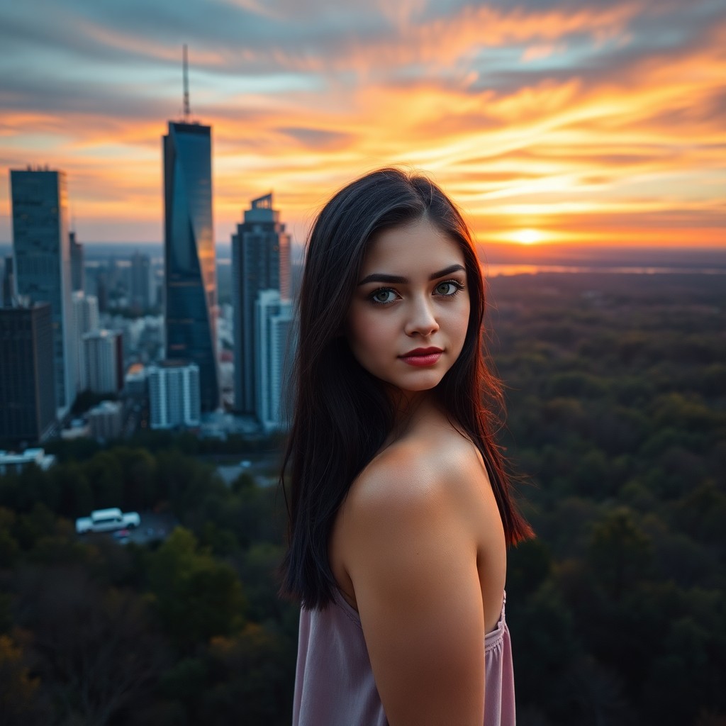 AI generated art for prompt: A portrait photograph depicts a young woman with dark hair and striking green eyes, standing at the 