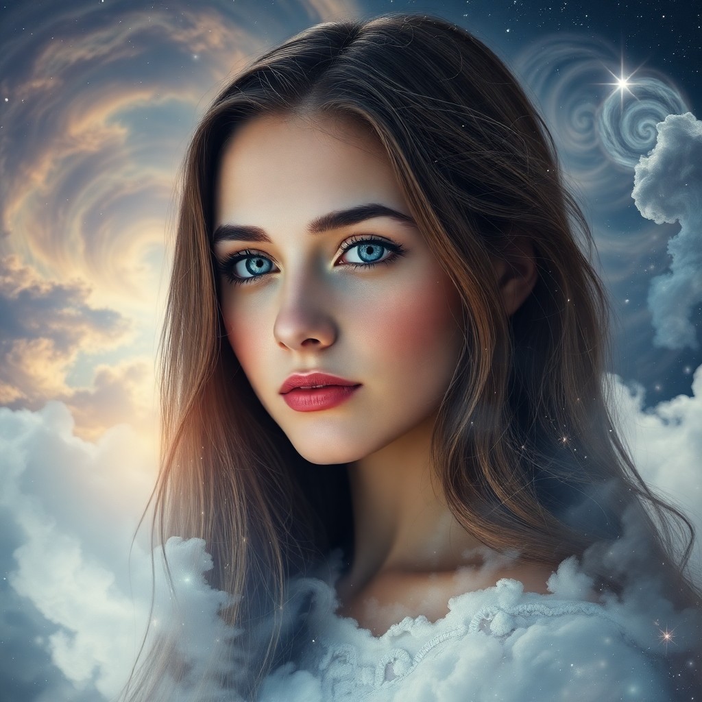 AI generated art for prompt: In a captivating portrait photograph, a young woman's serene beauty intertwines with the cosmic patt