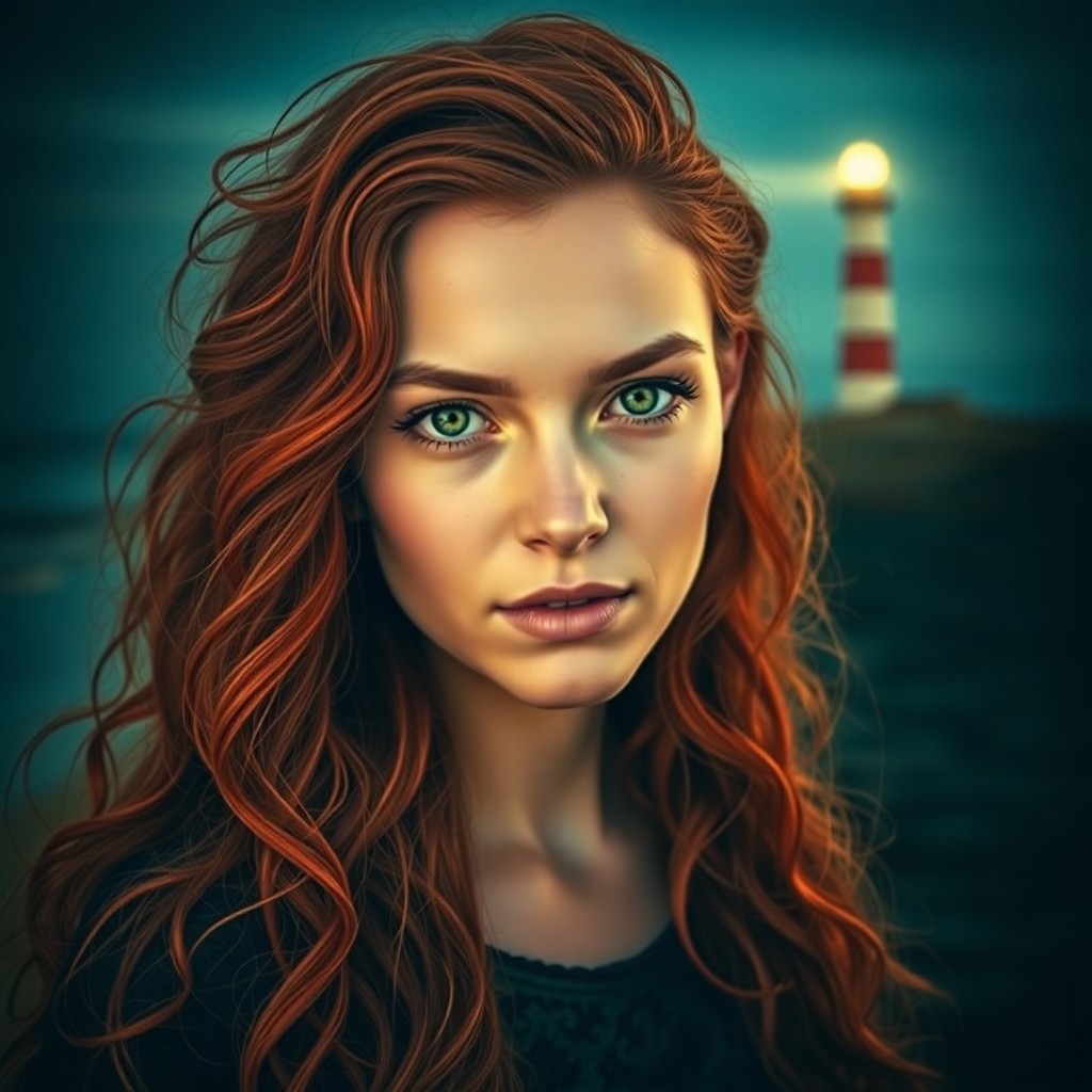 AI generated art for prompt: A portrait photograph depicts a young woman with cascading red hair and striking green eyes, seamles