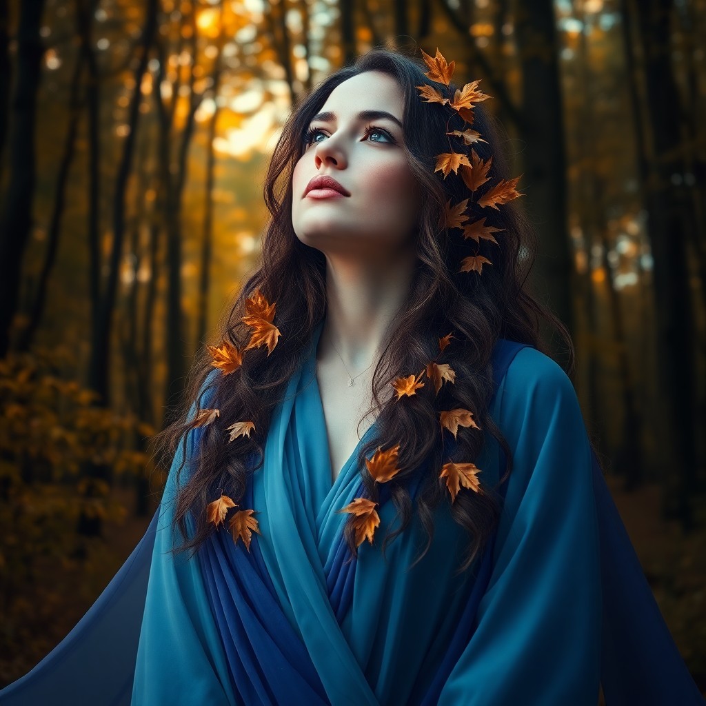 AI generated art for prompt: A photorealistic portrait depicts an ethereal woman adorned in flowing robes transitioning from soft