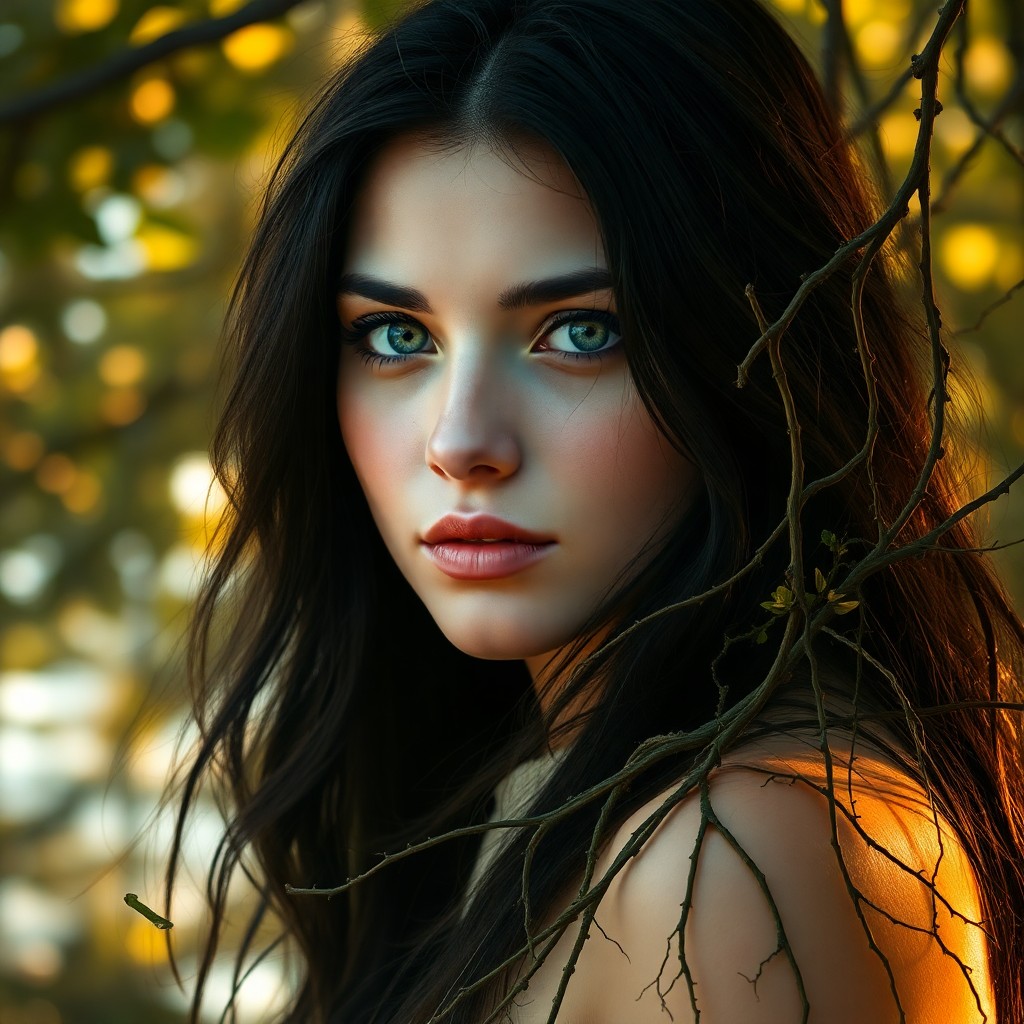 AI generated art for prompt: A captivating portrait of a young woman with long, flowing dark hair and mesmerizing green eyes, cau